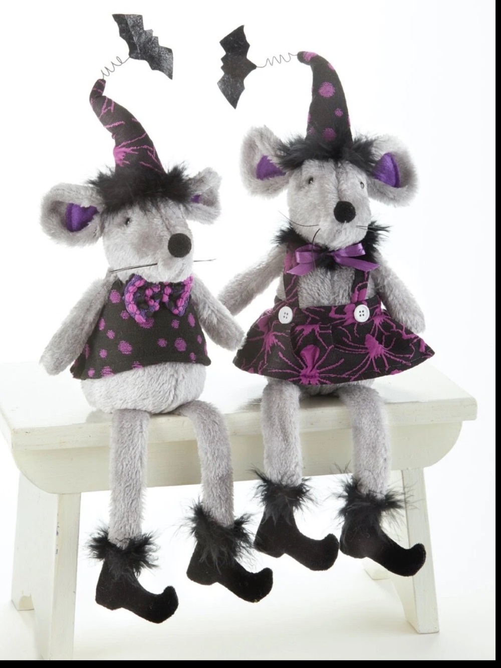 Set of 2  Halloween 
 Mice Plush Sitting Dolls w Dangle Legs Witch Hat  New